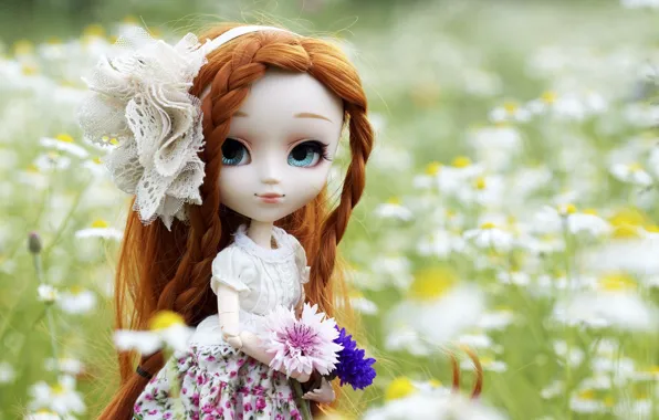 Flowers, nature, toy, doll, dress, red, bow, braids