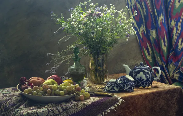 Flowers, table, apples, bouquet, kettle, plate, grapes, knife