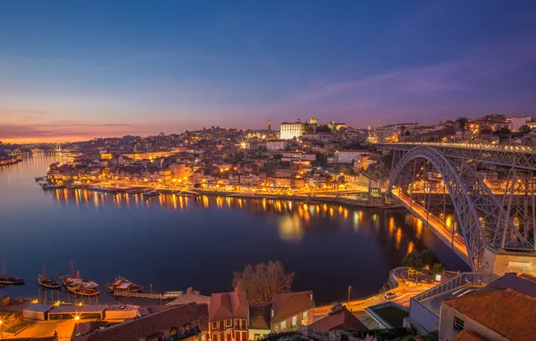 Bridge, the city, lights, river, dawn, Portugal, Porto