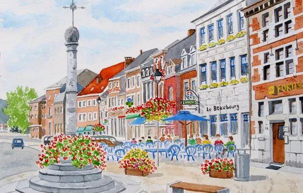 Picture figure, watercolor, Belgium, the urban landscape