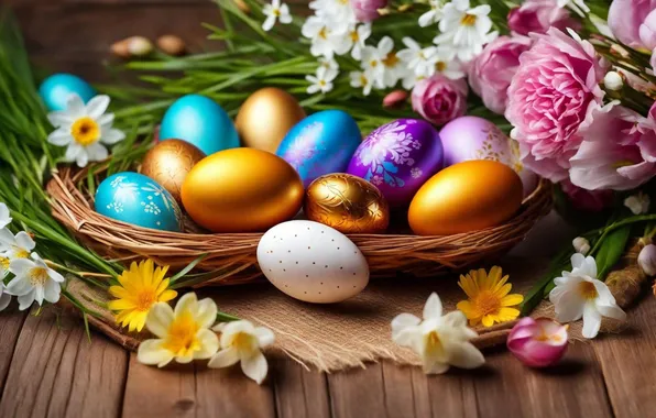 Picture flowers, eggs, spring, colorful, Easter, happy, flowers, spring