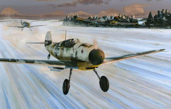 Picture war, art, airplane, aviation, bf-109, ww2