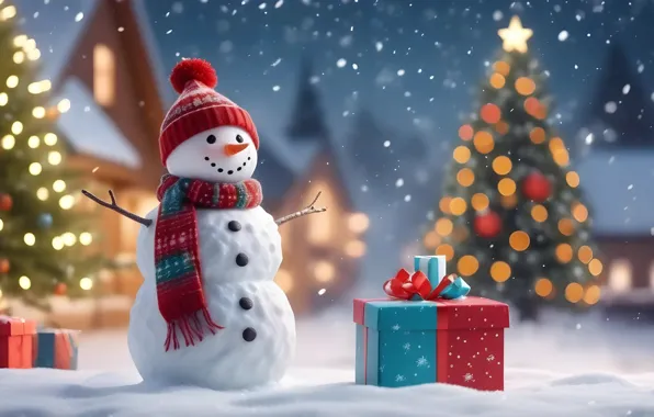 Winter, snow, snowflakes, tree, New Year, Christmas, snowman, happy