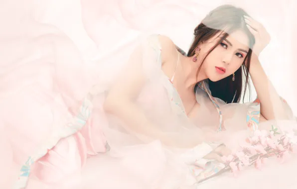 Look, girl, flowers, pose, background, ease, tenderness, portrait