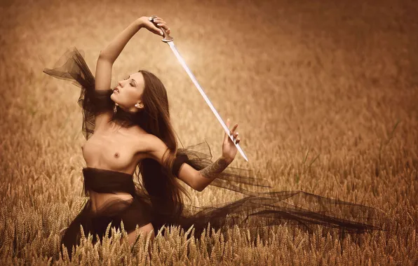 GRASS, CHEST, FIELD, DRESS, BRUNETTE, SWORD