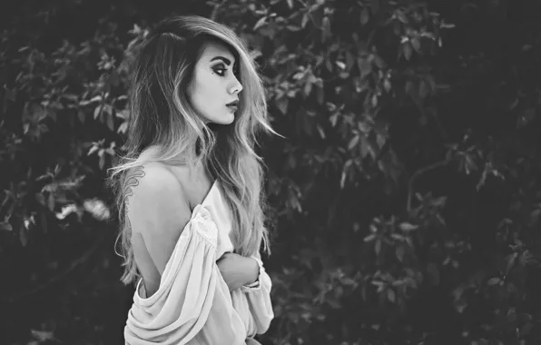 Picture girl, tattoo, tattoo, profile, black and white