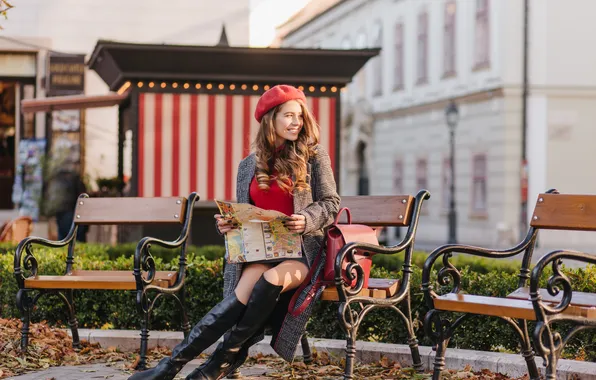 Picture girl, young, coat, bench, boots, long-haired, beret