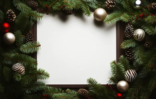 Balls, branches, Board, frame, Christmas, New year, needles, congratulations