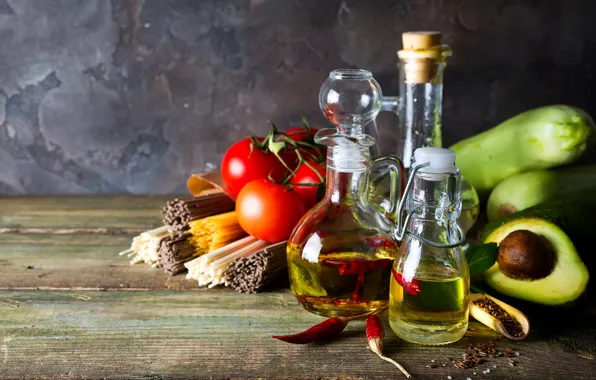 Oil, pepper, tomatoes, avocado, pasta, zucchini