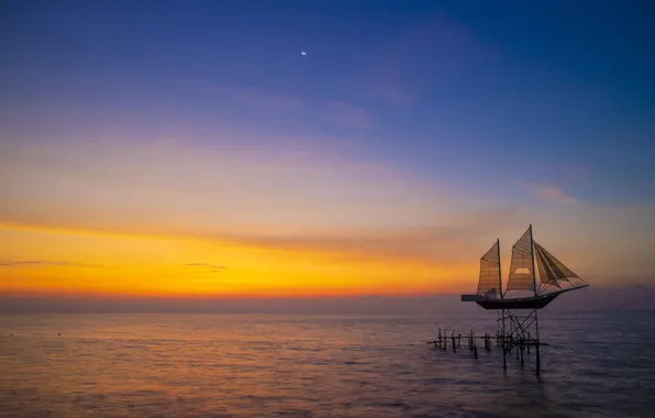 Sea, sunset, ship, boat, installation