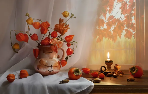 Branches, photo, candles, vase, still life