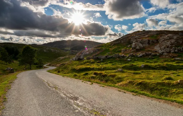 Road, the sky, the sun, clouds, Norway