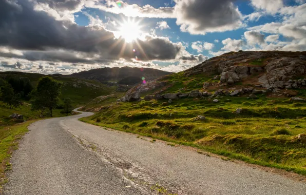 Picture road, the sky, the sun, clouds, Norway