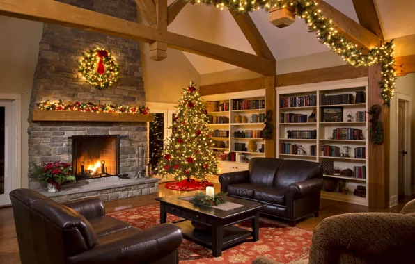 Decoration, tree, new year, Christmas, fireplace