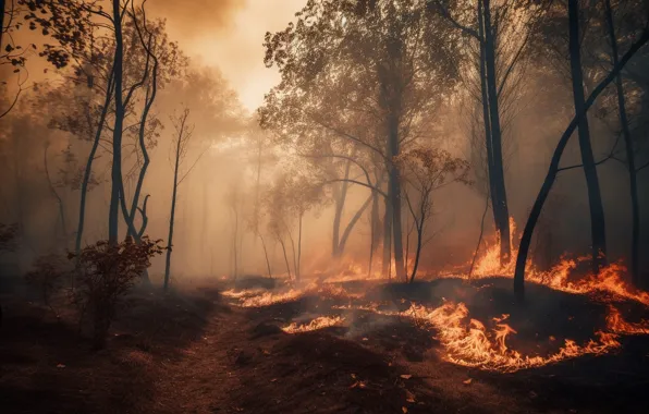 Autumn, forest, trees, fire, fire, flame, foliage, AI art