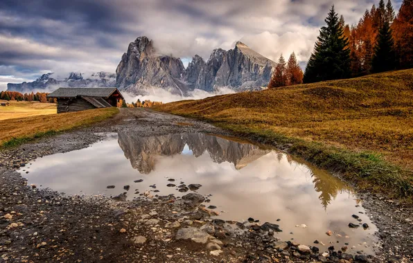 Autumn, forest, the sky, clouds, mountains, pebbles, stones, shore