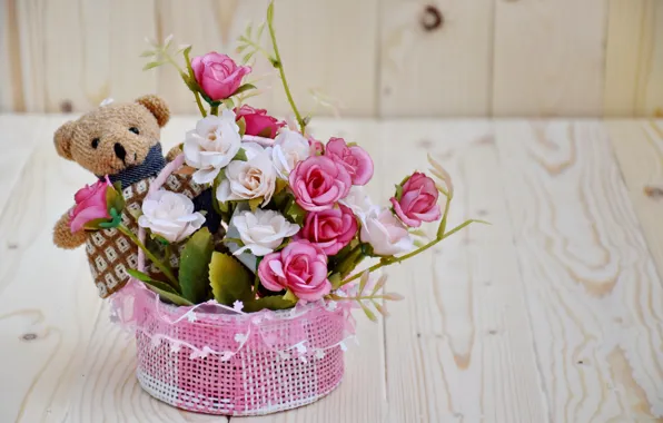 Picture love, flowers, roses, bouquet, love, bear, wood, pink