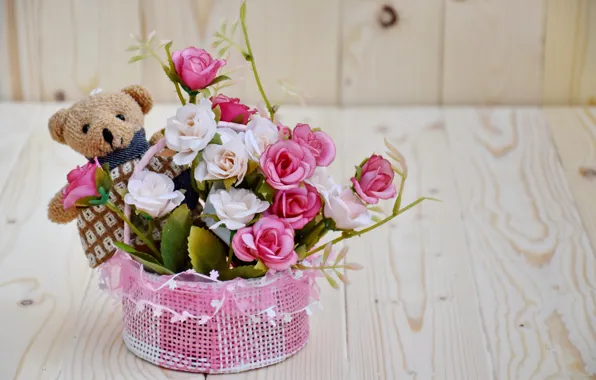 Love, flowers, roses, bouquet, love, bear, wood, pink