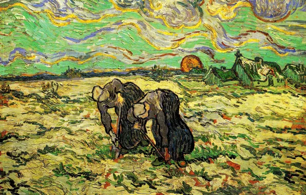 Picture the sun, clouds, Vincent van Gogh, women working in the garden, Two Peasant, Women Digging …