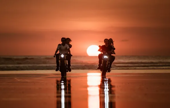 Sea, sunset, motorcycles, shore, pair