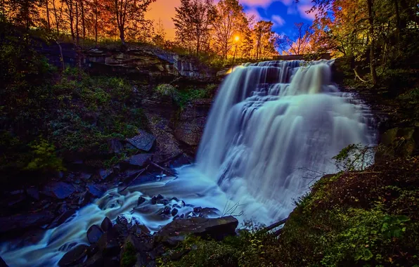 Sunset, waterfall, stream, Ohio, Brandywine Falls, Ohio, Cuyahoga Valley National Park