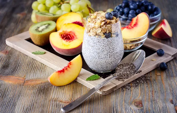 Food, Breakfast, kiwi, blueberries, grapes, fruit, nectarine, yogurt