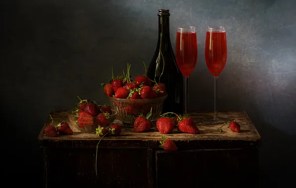 Berries, the dark background, table, wall, wine, bottle, glasses, strawberry