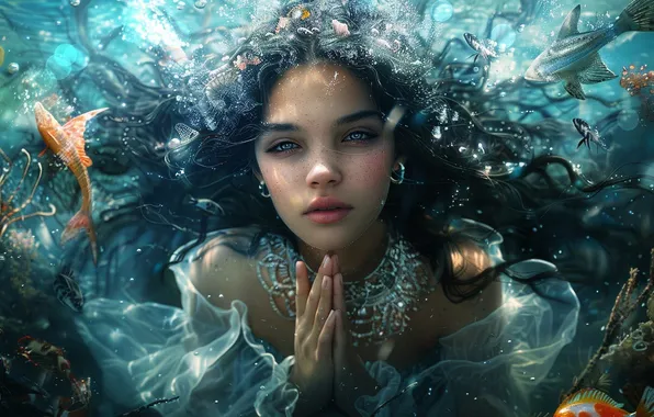 Sea, look, water, girl, decoration, fish, pose, fantasy