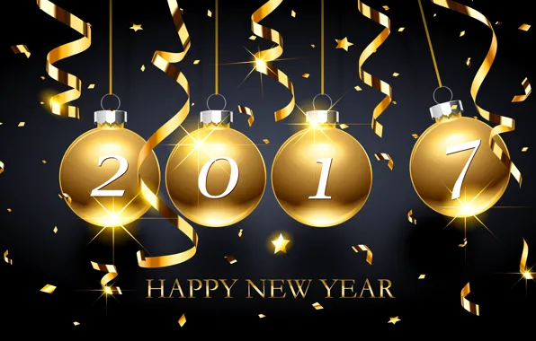 New Year, golden, new year, happy, balls, decoration, 2017, holiday celebration