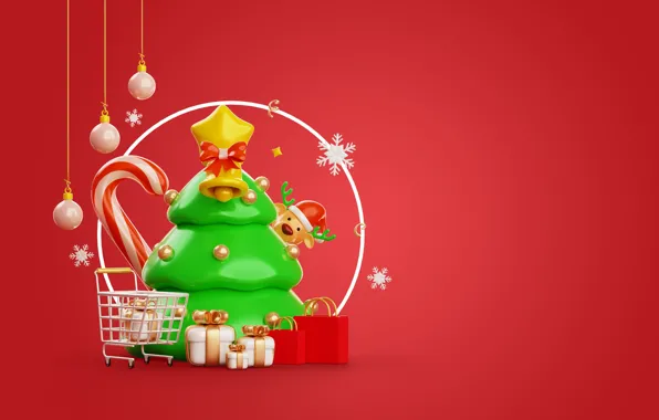 Balls, snowflakes, rendering, basket, star, round, frame, deer