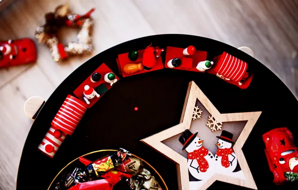 Toys, star, Christmas, candy, floor, New year, snowmen, bowl