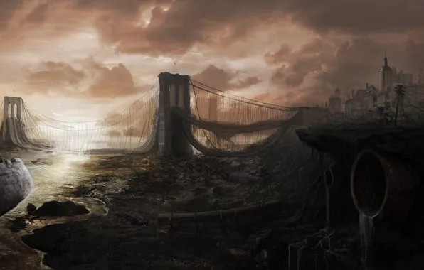 Picture bridge, the city, ship, devastation, ruins, postapokalipsis
