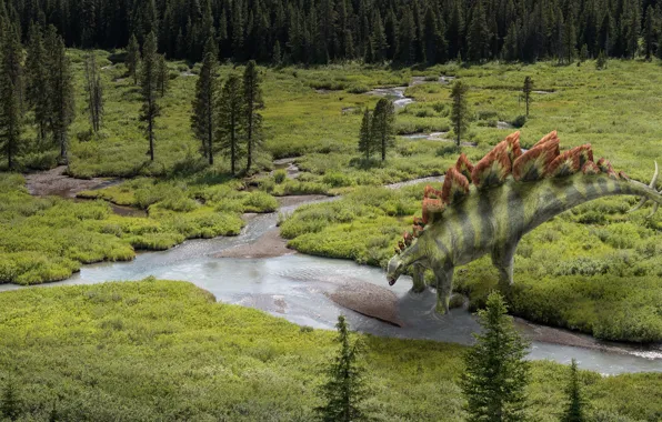 Forest, river, rendering, dinosaur, monster, the view from the top, digital art