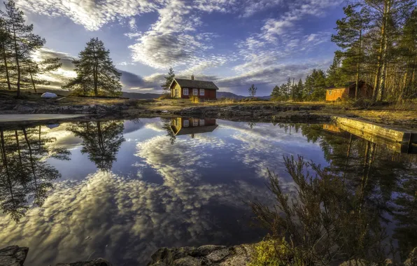 Clouds, trees, lake, reflection, home, Norway, Norway, RINGERIKE