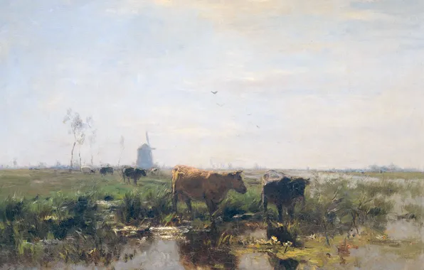 Animals, oil, picture, canvas, Willem Maris, Meadow with Cows at Water