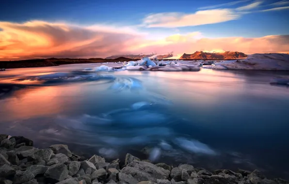 Winter, sunset, lake