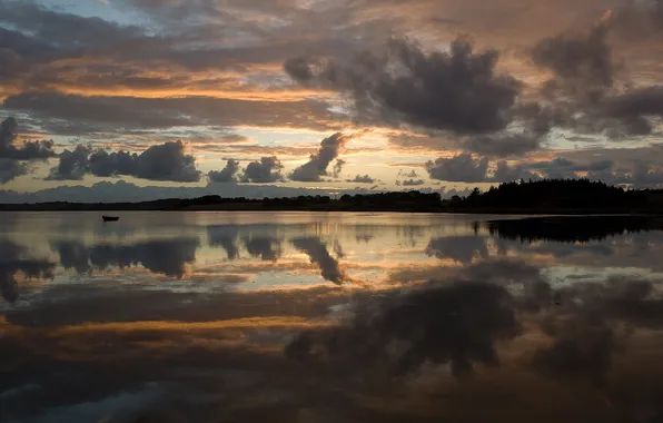 Clouds, sunset, lake, shore, boat, the evening