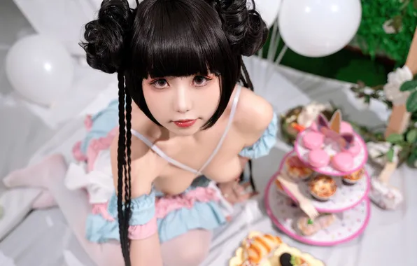 Chest, look, brunette, Asian, cutie, the view from the top, cosplay, cosplay
