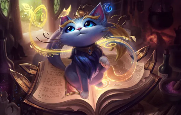 Picture fantasy, game, magic, cat, blue eyes, League of Legends, book, digital art