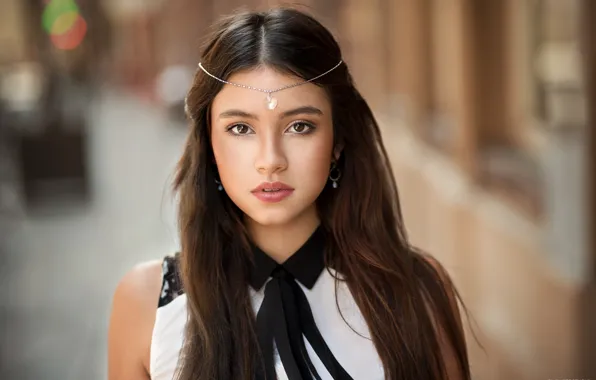 Girl, decoration, background, portrait, makeup, hairstyle, brown hair, beautiful