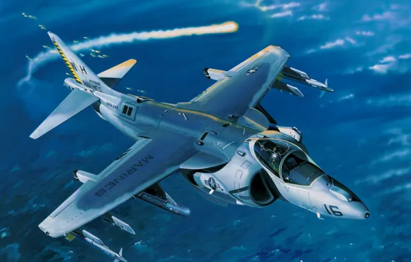 Picture art, airplane, painting, aviation, jet, McDonnell Douglas AV-8B Harrier II