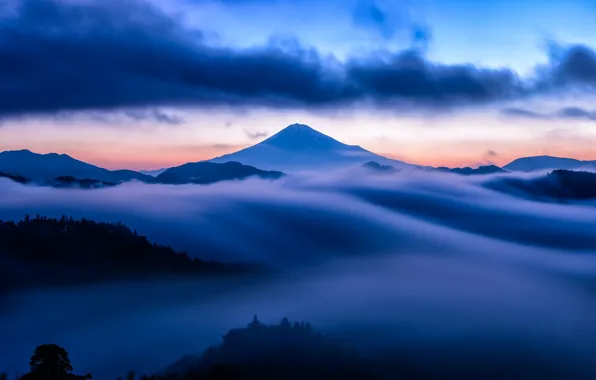 The sky, clouds, snow, sunset, fog, blue, mountain, the volcano