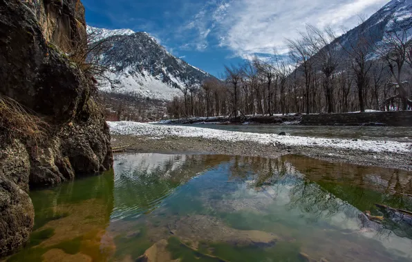 Snow, trees, mountains, rock, lake
