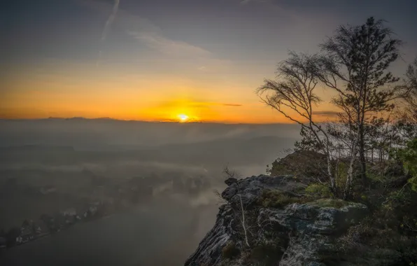 Field, autumn, the sky, the sun, clouds, trees, sunset, mountains