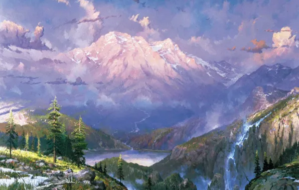 Snow, landscape, mountains, nature, lake, waterfall, twilight, painting