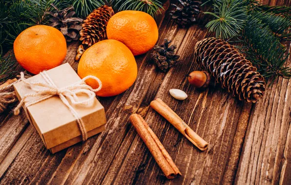 Decoration, New Year, Christmas, Christmas, wood, New Year, tangerines, decoration