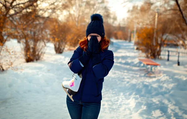 Picture winter, look, girl, snow, trees, pose, model, hat