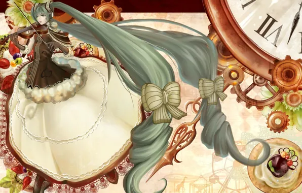 Flowers, arrows, violin, watch, dial, vocaloid, Hatsune Miku, lace