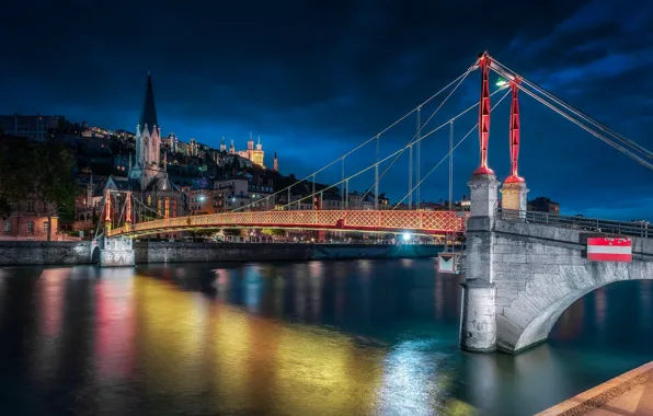 Picture bridge, lights, river, France, the evening, Lyon