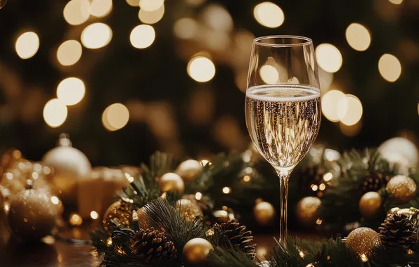 Balls, branches, lights, table, wine, glass, Christmas, New year